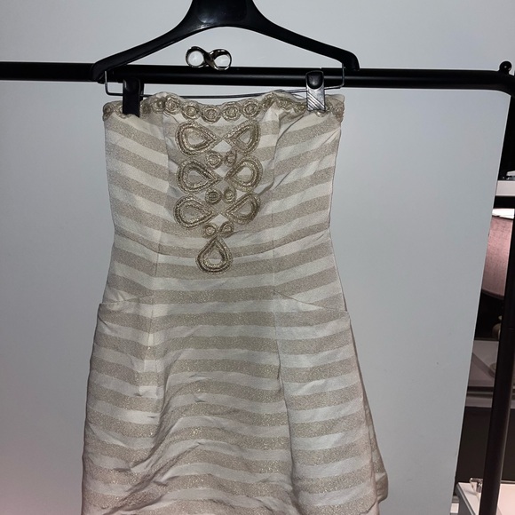 Lilly Pulitzer Blossom Cream Gold Striped Embroidered Strapless Silk Dress - Picture 7 of 10